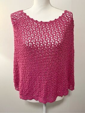 ITSU Pink Open Knit Crochet Capelet/Poncho. Coverup for Pool Beach Casual. Sz OS